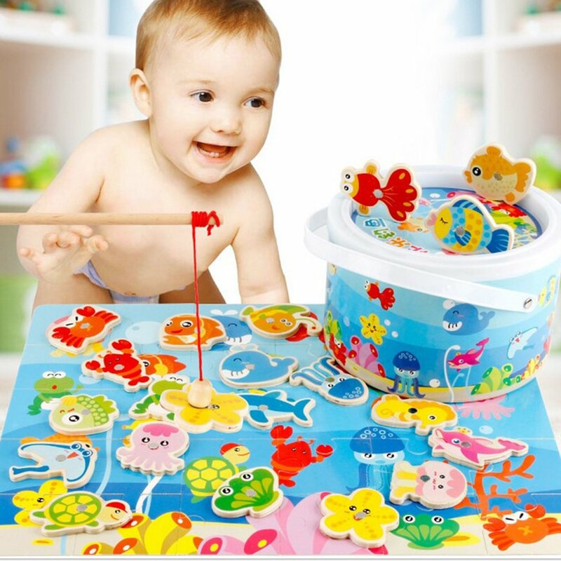 Creative Wooden Magnetic Fishing Toy Set Fishing Learning Education Play Set Montessori Educational Outdoor Game Toys For Kids