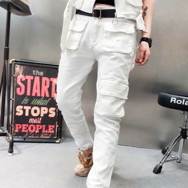 Mulheres streetwear fino ajuste branco denim colete & multi bolsos harém jeans duas peças conjunto moda zíper sem mangas jaqueta 2xl