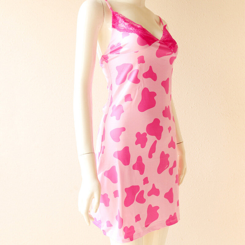 ALLNeon E-Girl Sweet Hot Pink Cow Pattern Deep V Neck With Lack Mini Dress for Women Y2K Fashion Kawaii Summer Straped Dresses