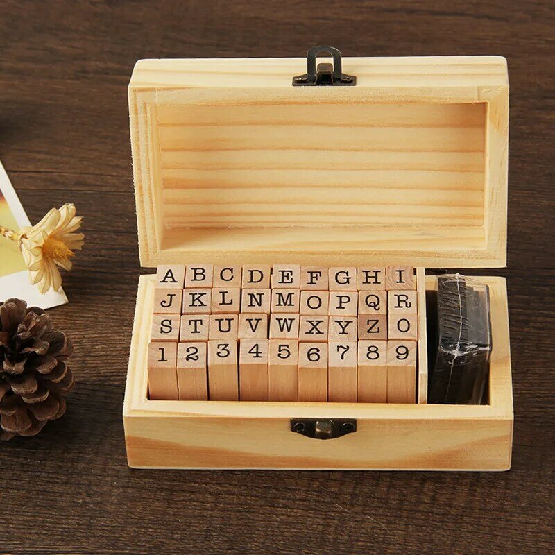 1Set Self Inking Number Letter Stamp School Stationery Wood Rectangle Kids Alphabet Seal Diary Decoration DIY Handmade with box