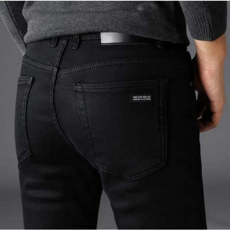 Мужские Стрейчевые черные джинсы, классический стиль, Бизнес Мода, чистый черный, облегающие джинсы, Мужские Брендовые повседневные брюки