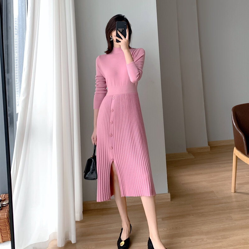 Hebe & Eos-Robe pull mi-mollet élégante pour femme, col mi-haut, bouton fendu, style coréen féminin, noir, hiver