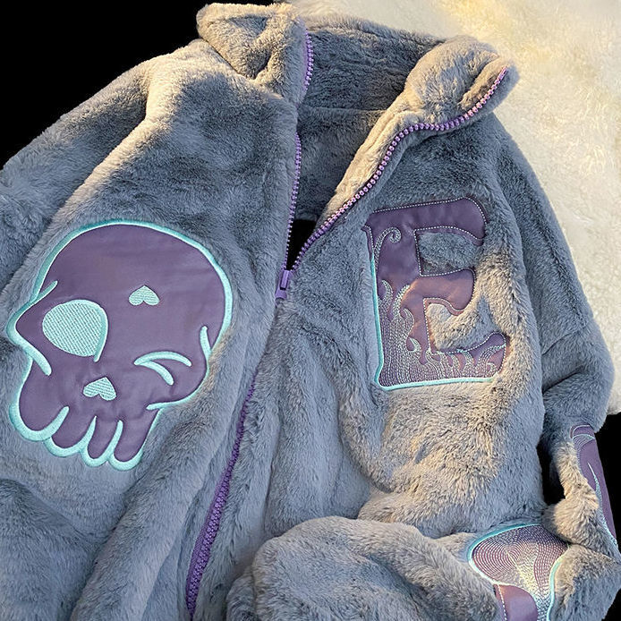 Chaqueta de imitación de piel de conejo con letras bordadas para mujer, chaqueta holgada con cremallera, ropa peluda de calle, invierno, 2021