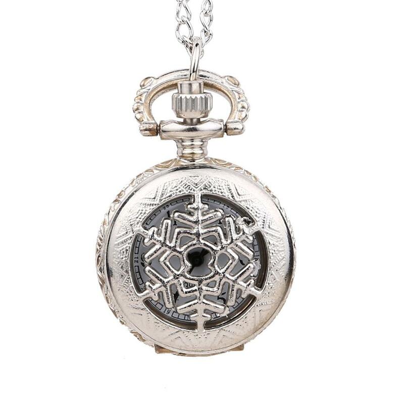6074low-key luxo prata floco de neve padrão aberto capa mini relógio de bolso senhoras e presente das crianças com corrente