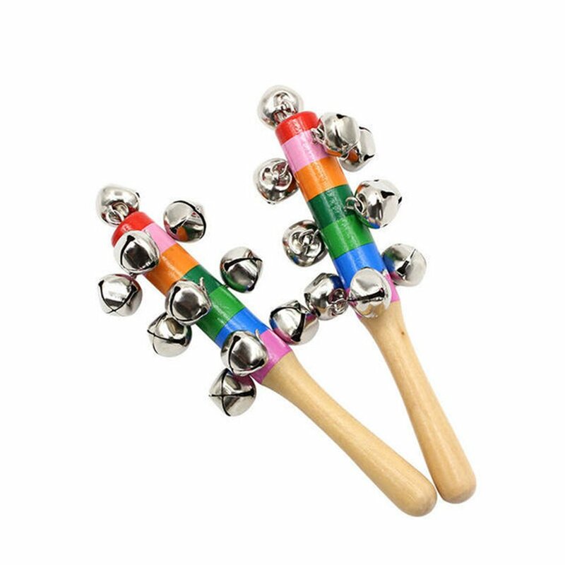 Sonaglio tenuto in mano campana in legno con 10 Jingles in metallo palla arcobaleno colorato percussione giocattolo musicale giocattolo di addestramento per bambini