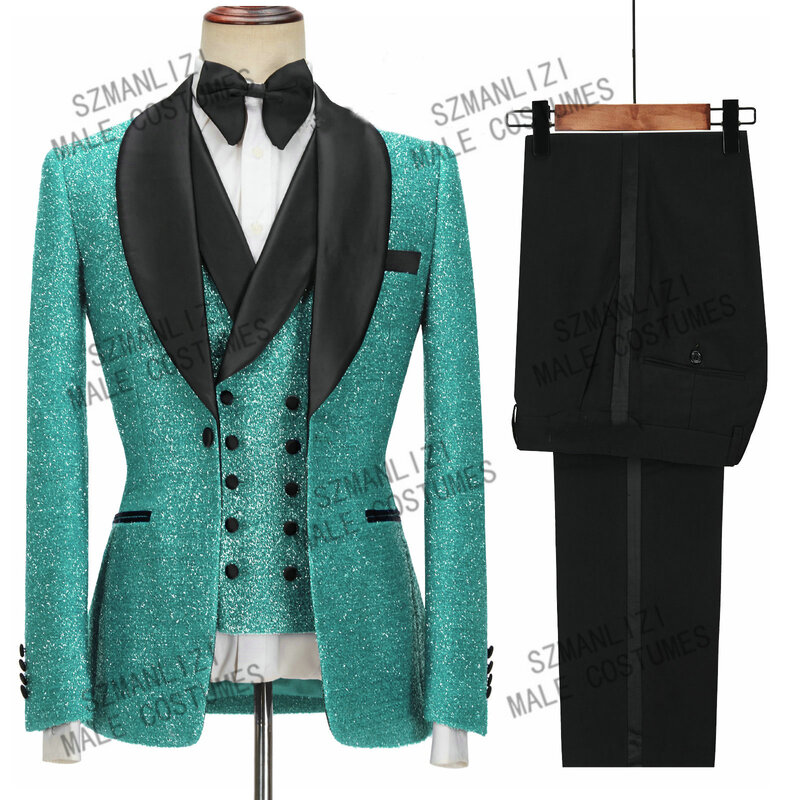 最新のコートパンツデザインの光沢のある黒の男性のスーツ,結婚式の部屋のためのファッショナブルな薄いスーツ,パーティーのための3ピース