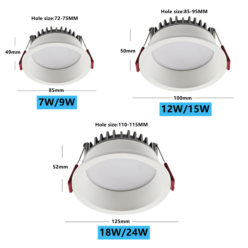 매입형 눈부심 방지 LED COB 다운라이트 18W 24W 조도 조절 가능 85-265V 천장 램프 스포트 라이트, 12W 15W, 가정 거실 침실 조명