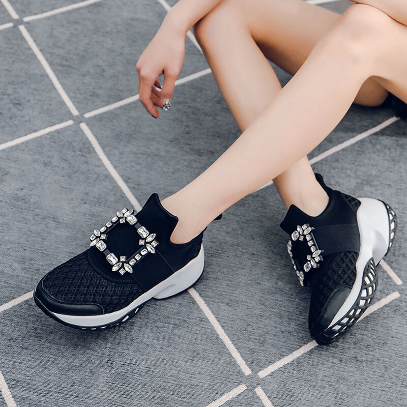Tênis de plataforma de cristal fivela de ar malha designer formadores fundo grosso chunky feminino tênis vulcanizado sapatos casuais N8-20