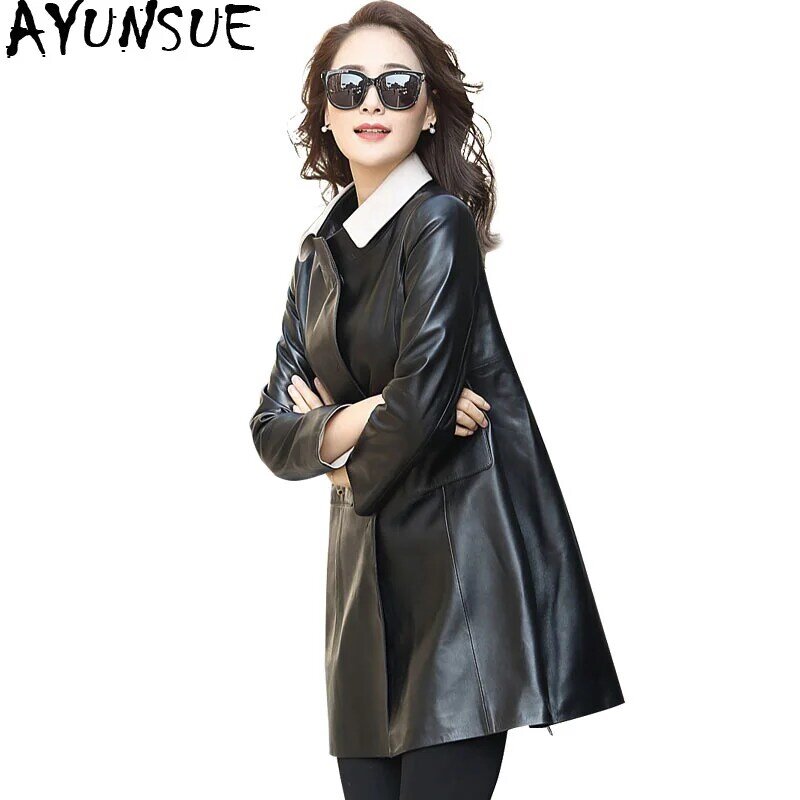 Ayunsua jaqueta de couro legítimo feminina, casaco de pele de carneiro real 100%, jaqueta feminina outono e inverno coreana longa my3508
