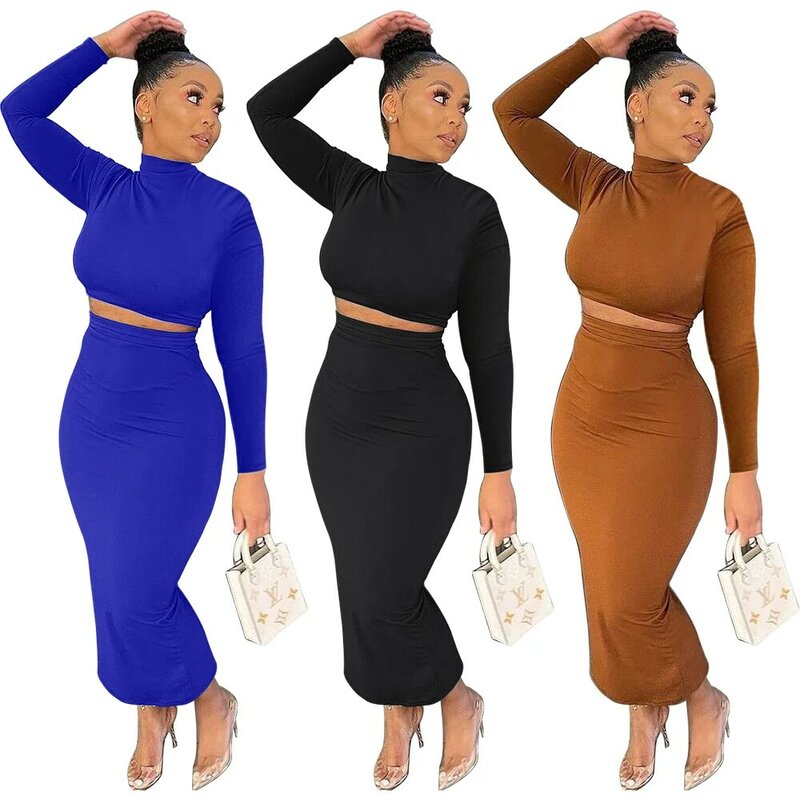 Autumn Women Sets Turtleneck Top Mid-Calf Skirts Suits Sexy Club Sets 2 Pieces Slim Night Party Outfits