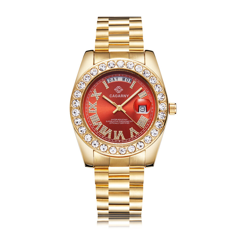 Grandes diamantes relógio de ouro homem aço inoxidável dia-data relógio de pulso masculino presidente relogio masculino moda das mulheres relógios de quartzo