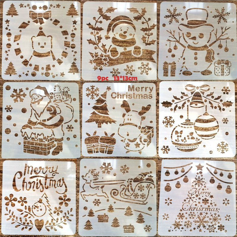 9pc Stencil Christmas Painting Template DIY Embossing Craft Accessories Scrapbooking Diary Office School Supplies Reusable 13CM