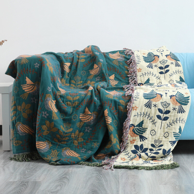 Manta nórdica de muselina para sofá, cobertor suave y cálido de 100% algodón, color azul y verde, ideal para el verano