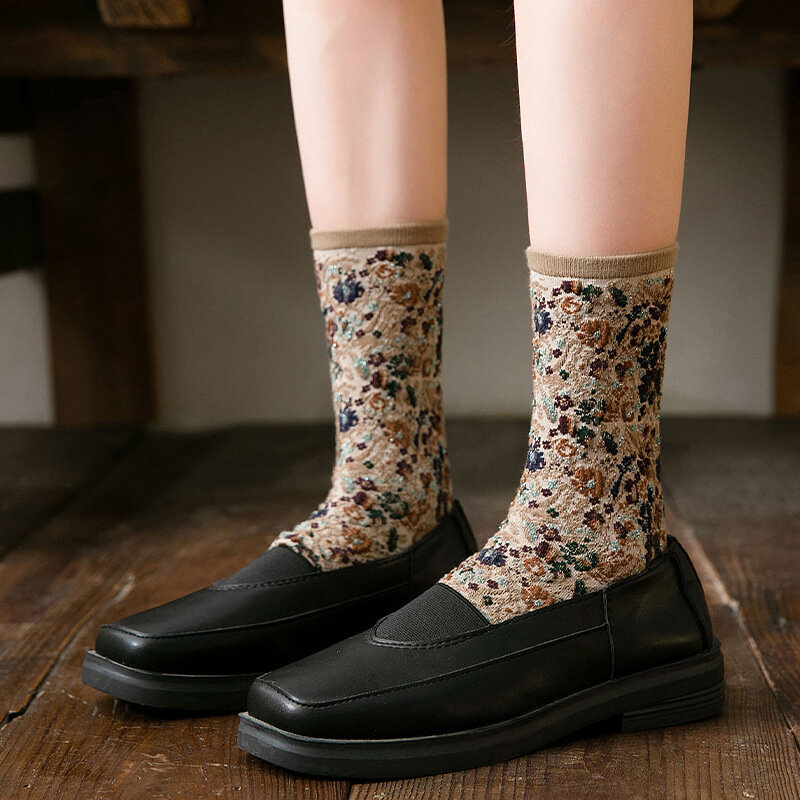 Estilo nacional retro flor meias femininas algodão acolhedor respirável quente outono inverno meias bonito floral casual meninas sokken