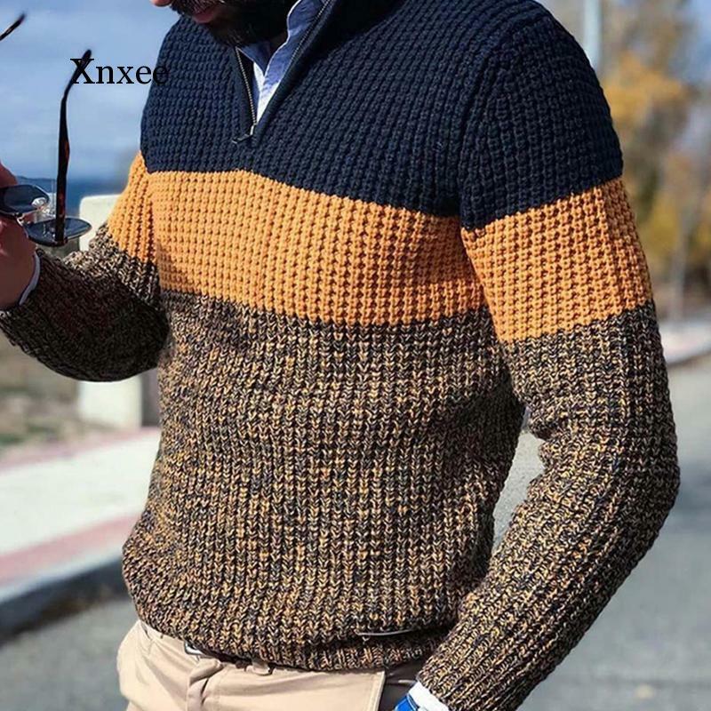 Sweter Jahitan Pria Sweter Pullover Musim Gugur dan Musim Dingin Sweter Rajutan Blok Warna Kerah V Lengan Panjang
