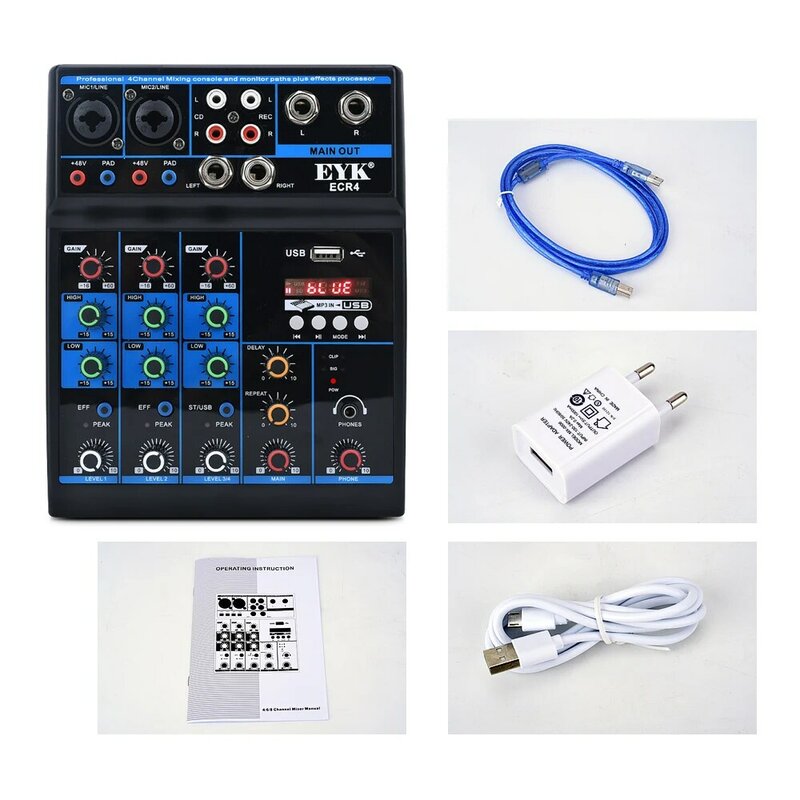 EYK-ECR4 Mixer de Áudio com Placa de Som, 4 Canais, Consola de Mistura Estéreo, Compatível com Bluetooth, USB, PC, Computador, Gravação, Reprodução