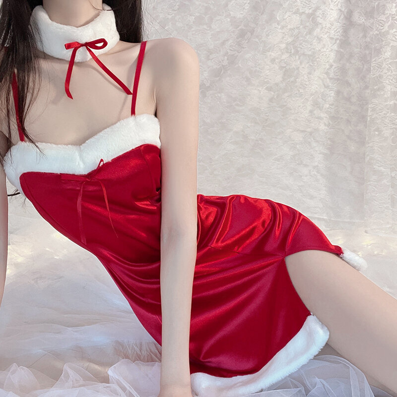Lencería Sexy transparente para mujer, camisón de felpa de encaje suave, vestido de Navidad y vacaciones, traje de santa claus, tentación