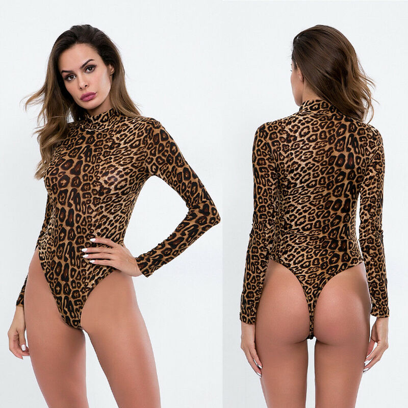 Sexy Leopard Turtleneck Bodysuit Women Long Sleeve Bodycon Leotard Tops Fall Autumn Women Slim Bottoming Shirts Plus Size