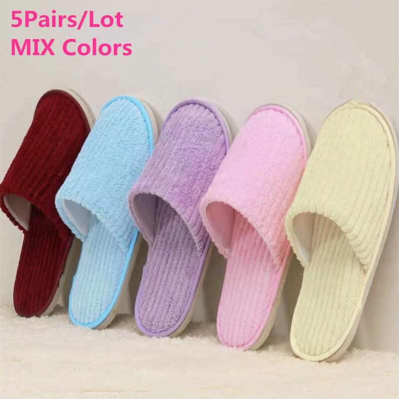 5 Pairs/Lot Mix Colors Men Women Disposable Hotel Slippers Cotton Slides Home Travel SPA Slipper Hospitality Cheap Footwear