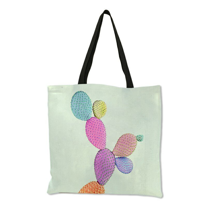 حقيبة كتان نسائية بطبعة الصبار ، حقيبة حمل متعددة الأغراض ، ألوان مائية ، تسوق ، 2018