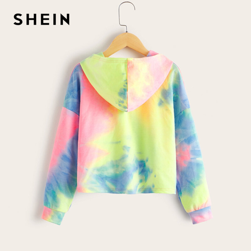 SHEIN Kiddie filles multicolore torsion avant sweat à capuche enfants 2019 automne à manches longues cravate colorant Colorblock pulls décontractés