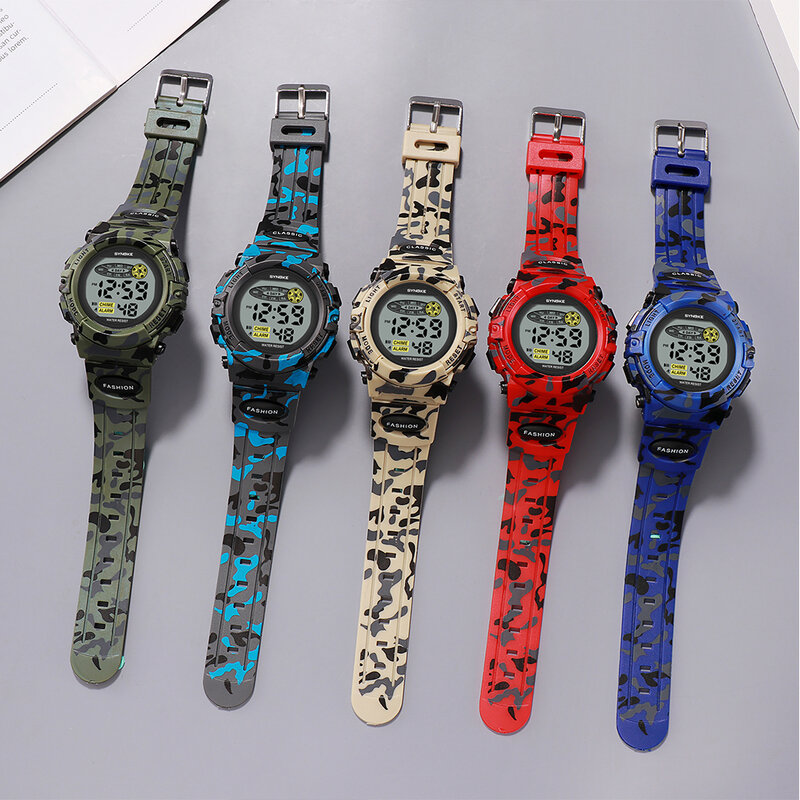 SYNOKE-relojes digitales deportivos militares para niños, reloj de moda para estudiantes, luminoso, alarma Led, Camuflaje verde, reloj para niños