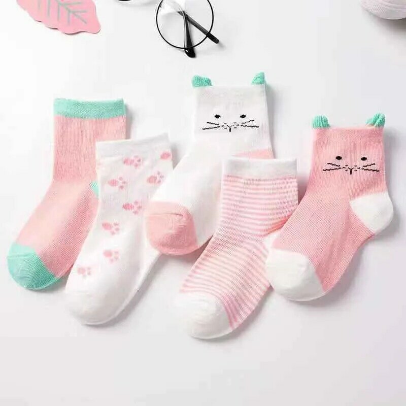 Lot de 5 paires de chaussettes en coton doux pour nouveau-né garçon et fille, tricot, dessin animé, chat, animal, 0-6 ans, printemps automne