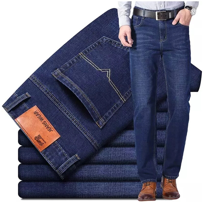 Новинка 2023, мужские облегающие прямые джинсы в деловом стиле, модные классические черные и синие мужские Стрейчевые повседневные джинсовые брюки большого размера