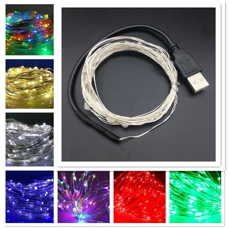 Guirlande électrique résistante à l'eau avec alimentation USB,chaîne lumineuse LED à fil de cuivre et argent, décoration pour fête de Noël ou de mariage, 2, 5 ou 10m