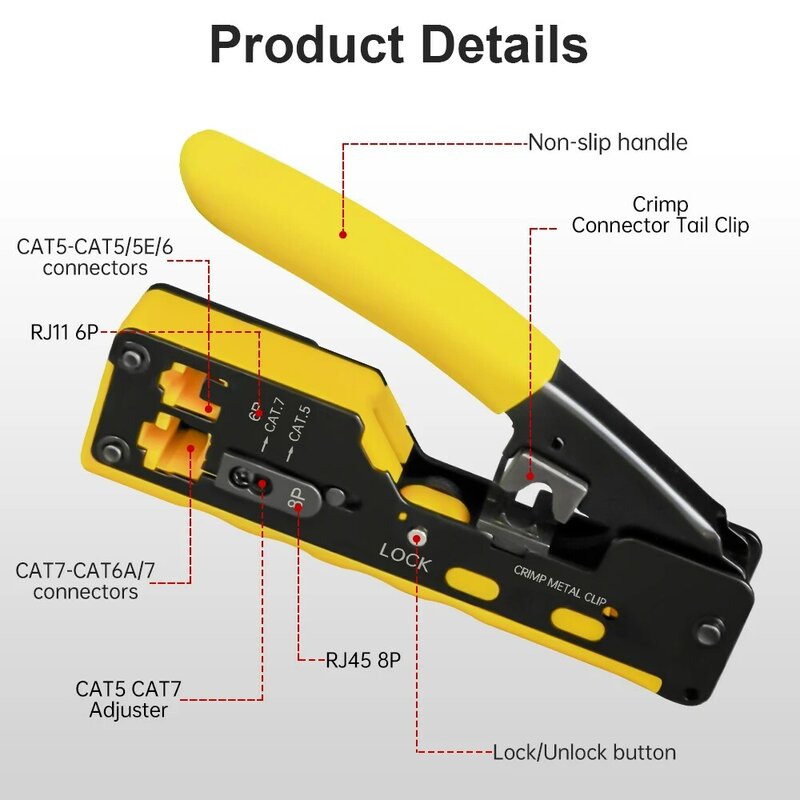 AMPCOM RJ45 RJ11 Pass Through Crimping Tool for Cat7/6A Cat6/5 Ethernet Modular Plugs Connectors With Stripper and Spare Blade