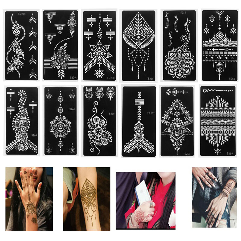 2022 Baru Profesional Henna Stensil Tangan Sementara Tato Stiker Seni Tubuh Templat Alat Pernikahan Bunga Tato Stensil