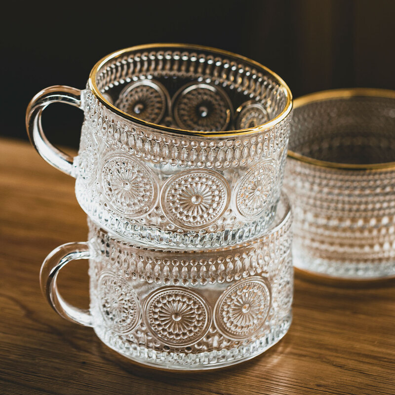 Taza de vidrio nórdico de 450ml, taza transparente con empuñadura para café, leche, borde dorado, taza de té para el hogar, vajilla de cocina