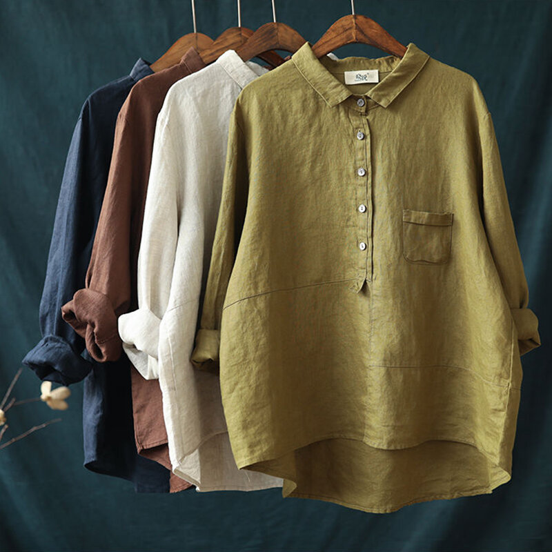 Camisa solta de manga comprida feminina, blusas de linho algodão, tops vintage, com tudo combinado, casual, primavera, outono, nova chegada, S604