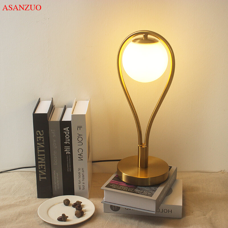 Lámpara de mesa de latón con bola de cristal, luz de mesita de noche para dormitorio, sala de estudio, oficina, luces de lectura, G4, LED, escritorio
