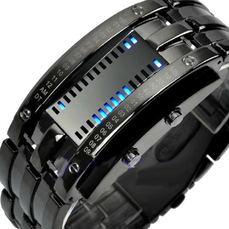 미래 기술 이진 패션 커플 시계 남성 여성 크리에이티브 스테인레스 스틸 시계, LED 날짜 팔찌 손목 시계 스포츠 시계