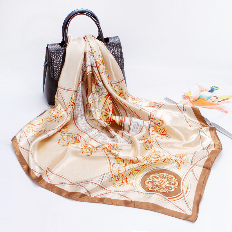 وشاح من الحرير المطبوع المقلد للنساء ، شال من الساتان الوردي ، مربع كبير ، الربيع والصيف ، 90x90cm