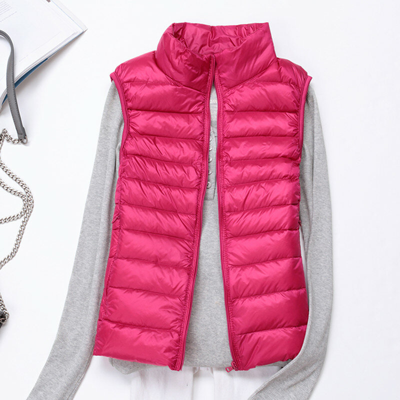 Chaleco de plumón de pato blanco para mujer, chaqueta sin mangas, ligera y cálida, portátil, a prueba de viento, alta calidad, invierno, Ak551