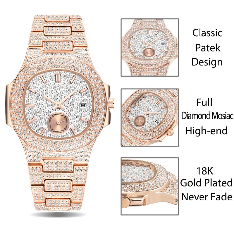 Único relógio masculino marca de luxo patek tendência dos homens moda rosa ouro relógio quartzo cronógrafo aço diamante gelo para fora relógio