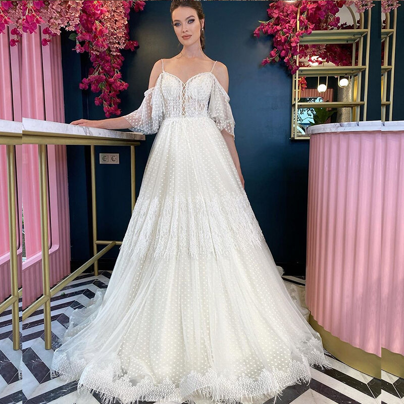 Boho weselny sukienka Off ramię Sweetehart-line piętro długość koronki Apppliques suknie ślubne wspaniały dla kobiet Brides uroczy