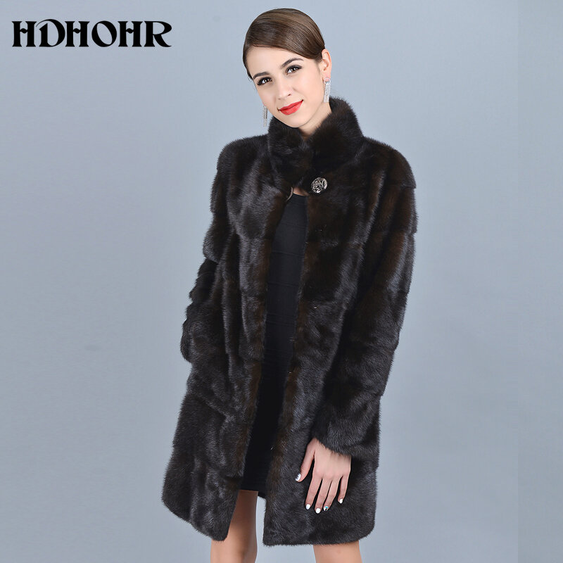 HDHOHR 2024 cappotti di pelliccia di visone naturale di alta qualità marrone donna colletto alla coreana Outwear Park femminile caldo inverno vera giacca di pelliccia di visone