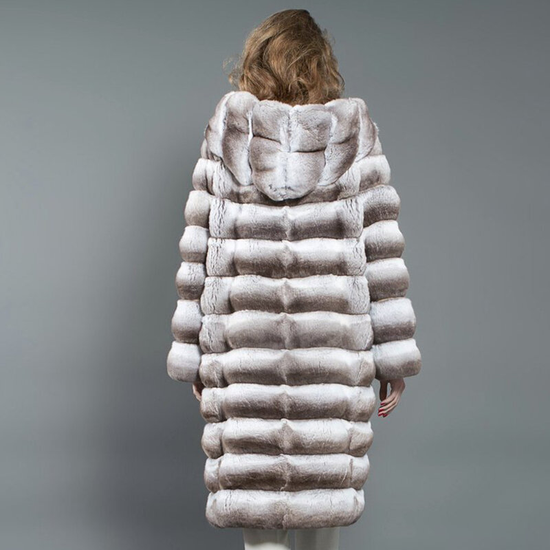 Chaqueta de piel con capucha para mujer, abrigo cálido de moda de invierno, abrigo de piel de conejo Rex Real, color Chinchilla