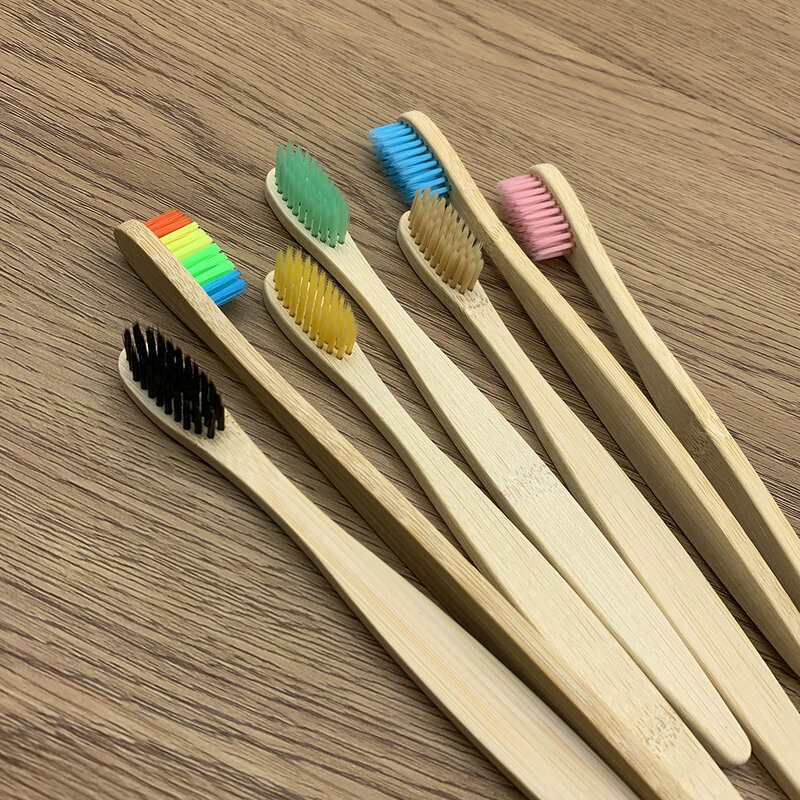 Escova de dentes de bambu com cerdas macias para adultos biodegradável, sem plástico, higiene oral, alça de bambu, eco amigável, 10 pcs