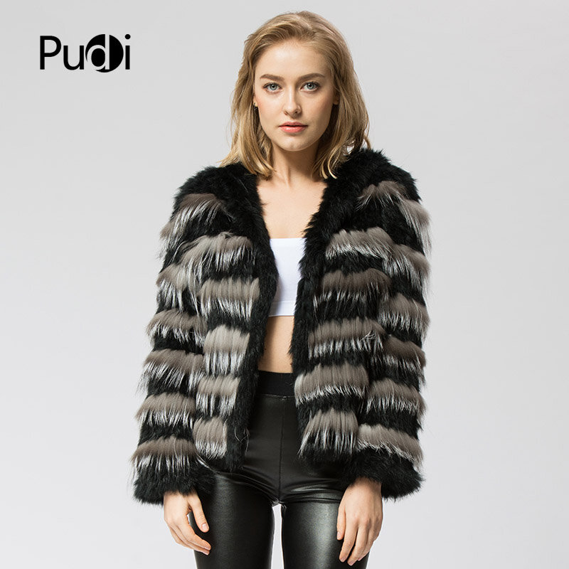 Abrigo de piel auténtica CR050 para mujer, Chaqueta de punto de piel de conejo y zorro plateado, abrigo cálido con capucha, moda de invierno
