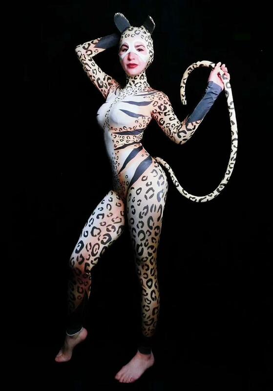 Fantasias de Cosplay Leopardo Feminina, Bodysuit Sexy, Elástico, Animal Magro, Interpretação, Collant Dançarina, Roupas de Palco, Festa de Halloween