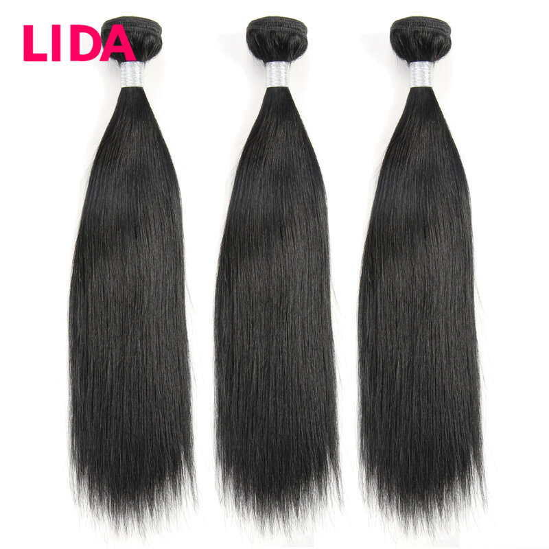 LIDA 100% Human Hair Extensions Braziliaanse Steil Haar Bundels Natuurlijke Zwarte Remy Menselijk Haar weven 3 Bundels Deal 100 g/stk