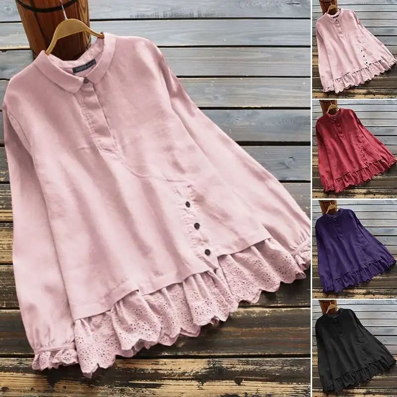 ZANZEA-Blusa holgada de lino y algodón para mujer, camisa de manga larga con volantes, estilo Vintage, con retazos de encaje, para primavera