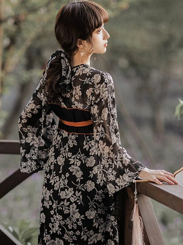 Китайское платье, черное, белое платье ханьфу с ретро-принтом, китайские элементы, косплей, женское платье, юбка миди, летняя Китайская одежда