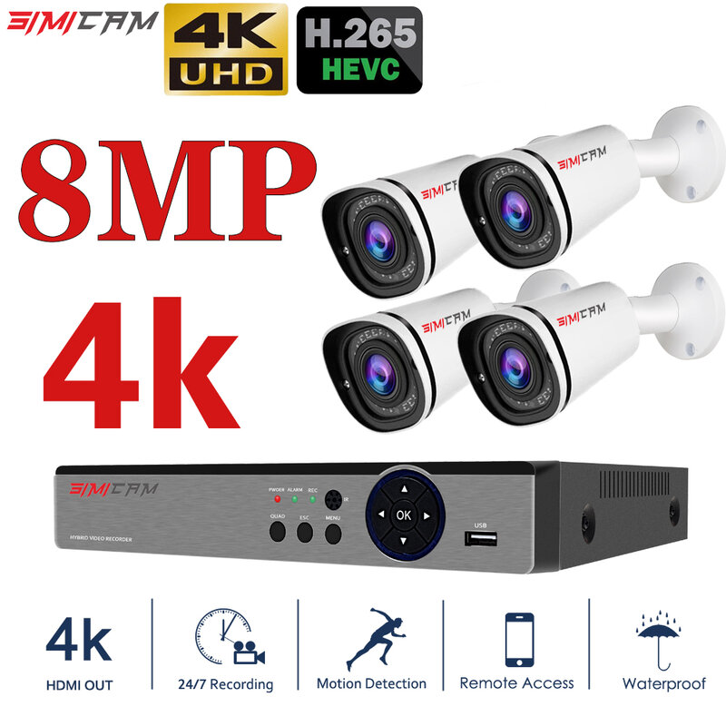SIMICAM 4K Ultra HD wyczyść 4CH CCTV kamera monitorująca zestaw System bezpieczeństwa wideo H.265 + DVR 4X 8MP IR zewnętrzna odporna na warunki atmosferyczne Vide