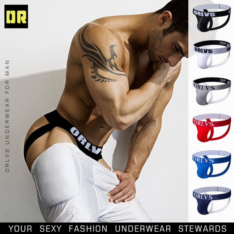 ORLVS-Calzoncillos tipo tanga para hombre, ropa interior sexy, suspensorio, de algodón, malla, gay
