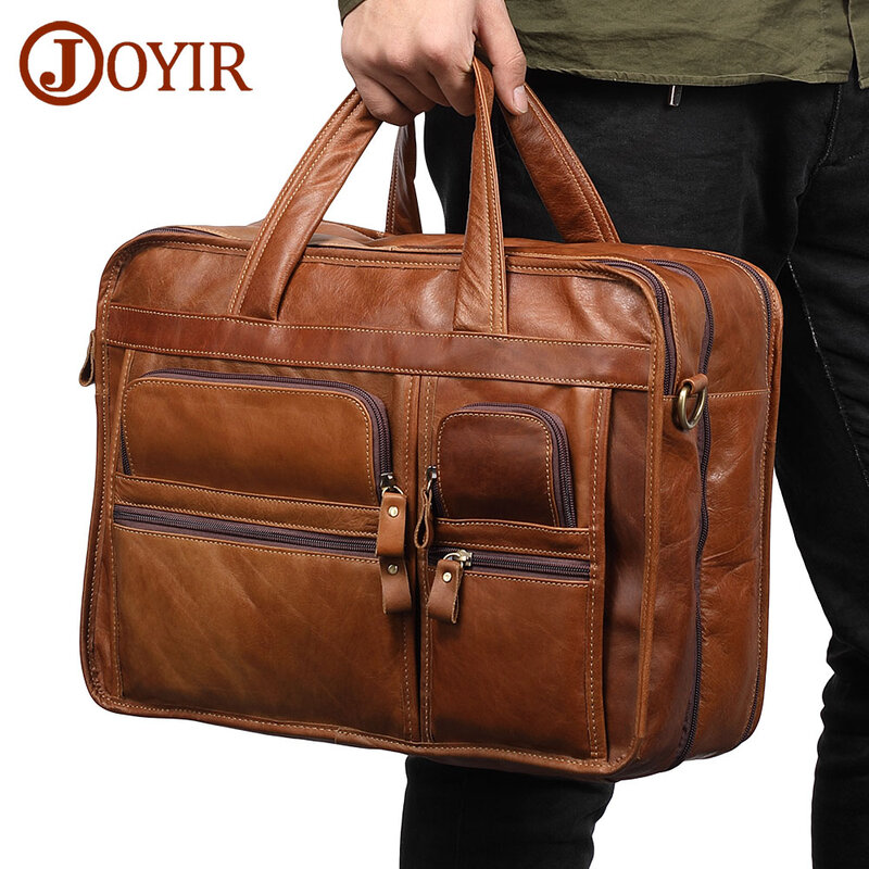 JOYIR-maletín de cuero genuino para hombre, bolso de mano informal para ordenador portátil, de negocios, bandolera de hombro, bolso de viaje grande